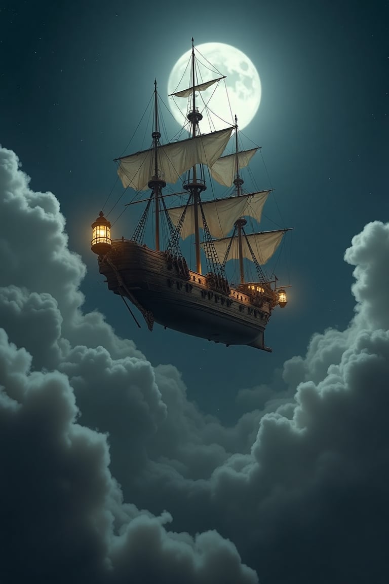 Beautiful steampunk merchant airship flying under a shining moon high above cotton like silvery clouds with oli lanterns swinging from its sides, moody, dark, athmospheric, realistic, 