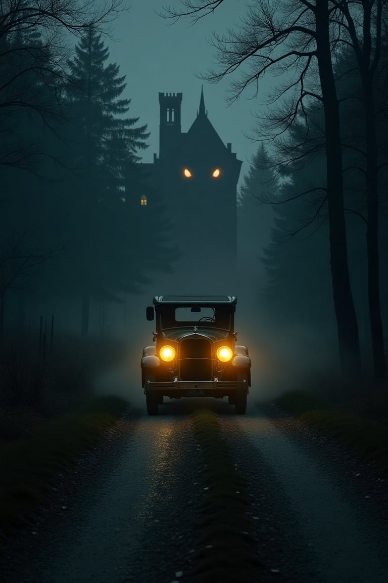 An old 1920's car is driving on a gravel road towards a pitch black mansion and surroinded by eerie misty forest in the dead of the night, only illumination is the yellow headlights of the car, a sinister pair of glowing eyes is seen amidst the trees, dark, moody athmosphere, realistic, photgraphic, 