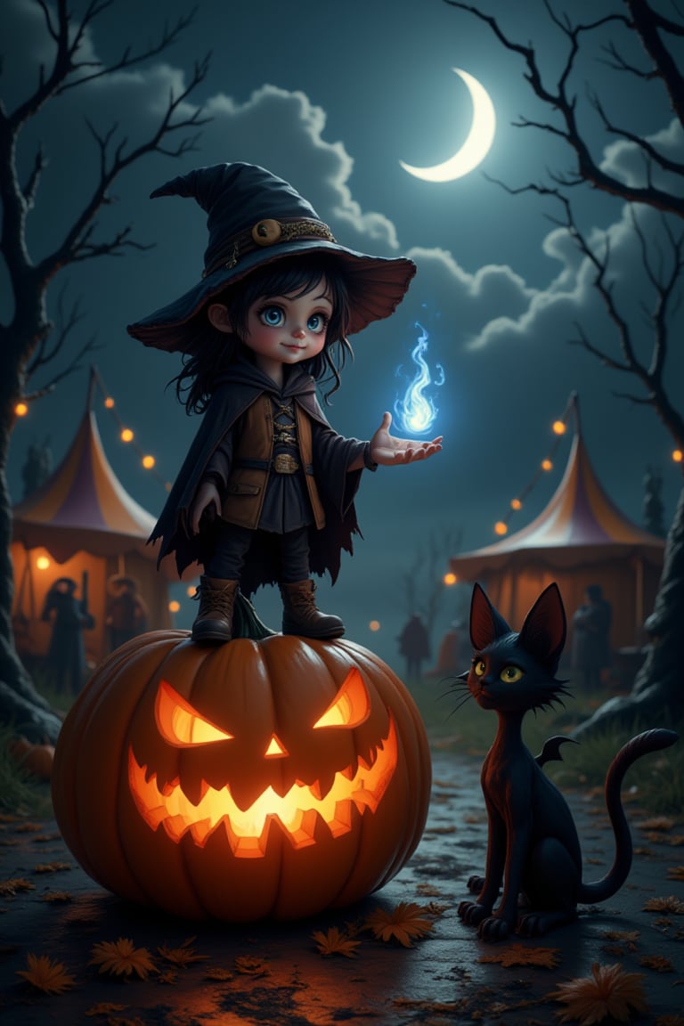 Cute little witch standing on top of a gigantic pumpkin next to a halloween carnival tent at night while a small black cat with shining eyes and batlike wings sits next to the pumpkin, a crescent moon peaks high above behind silvery clouds, she's wearing a brown vest, boots, cloak, and a pointy hat, she's smiling and has cat like shining eyes, she's holding one palm open with a blue flame spell levitating atop of it. The pumpkin has a wicked expression and flaming carved eyes, realistic, Halloween theme, dark, fantasy setting,SPOOKY ATMOSPHERE,HALLOWEEN,JACK-O'-LANTERN