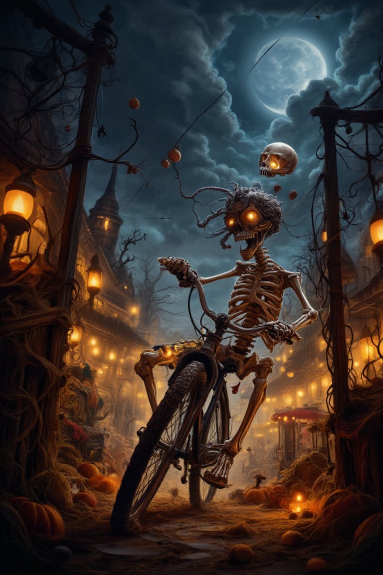 Dark spooky painting of a skeleton riding a bicycle in a spooky halloween carnival, lanterns, pumpkins, haystacks, clown throwing balls in the entrance of the carnival, athmospheric, cloudy with crescent moon peeking behind the clouds high above,Thriller illustration