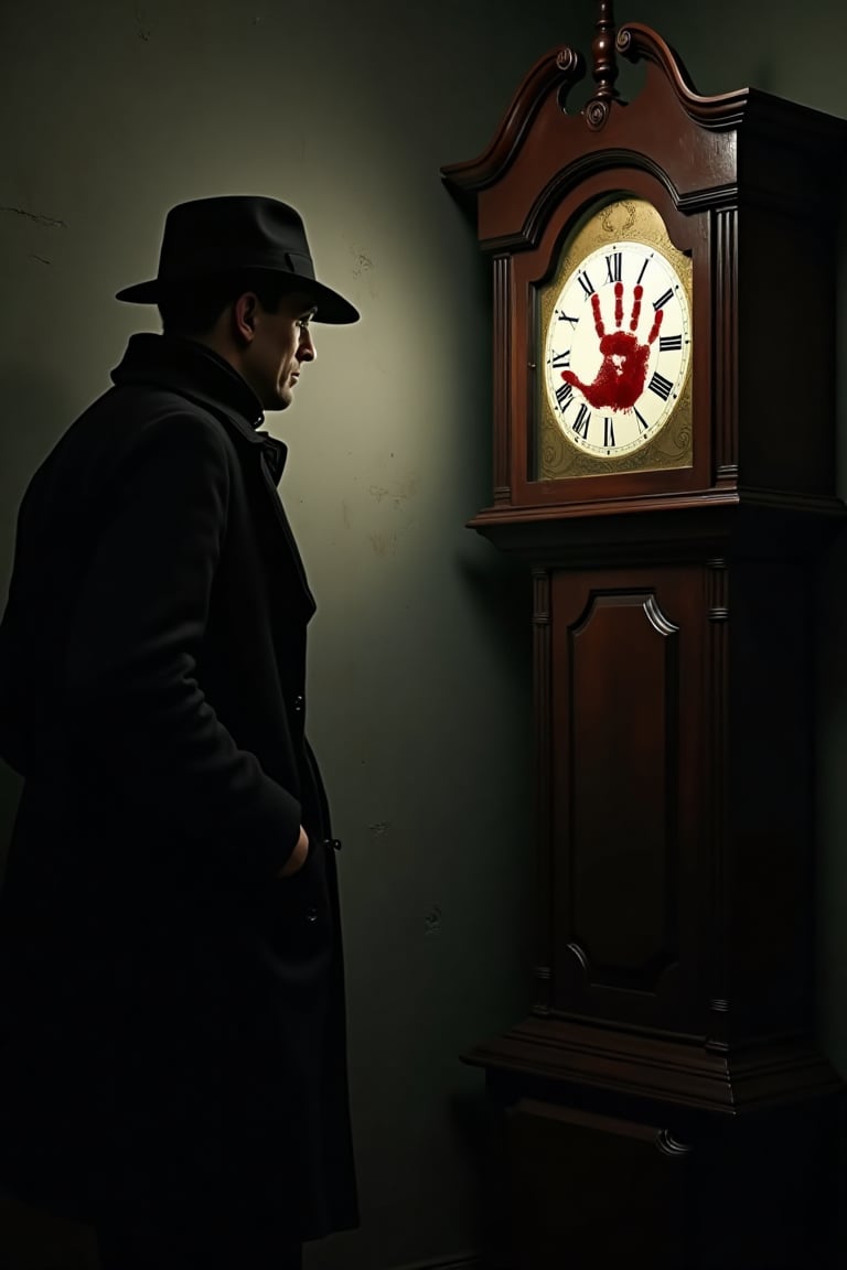 Photograph of an 1930's detective with a trilby hat and trench coat shining his flshlight on an old grandfather clock with bloody five fingered handprint on the clocks face, dark theme, moody, athmospheric, horror, ultra realistic,