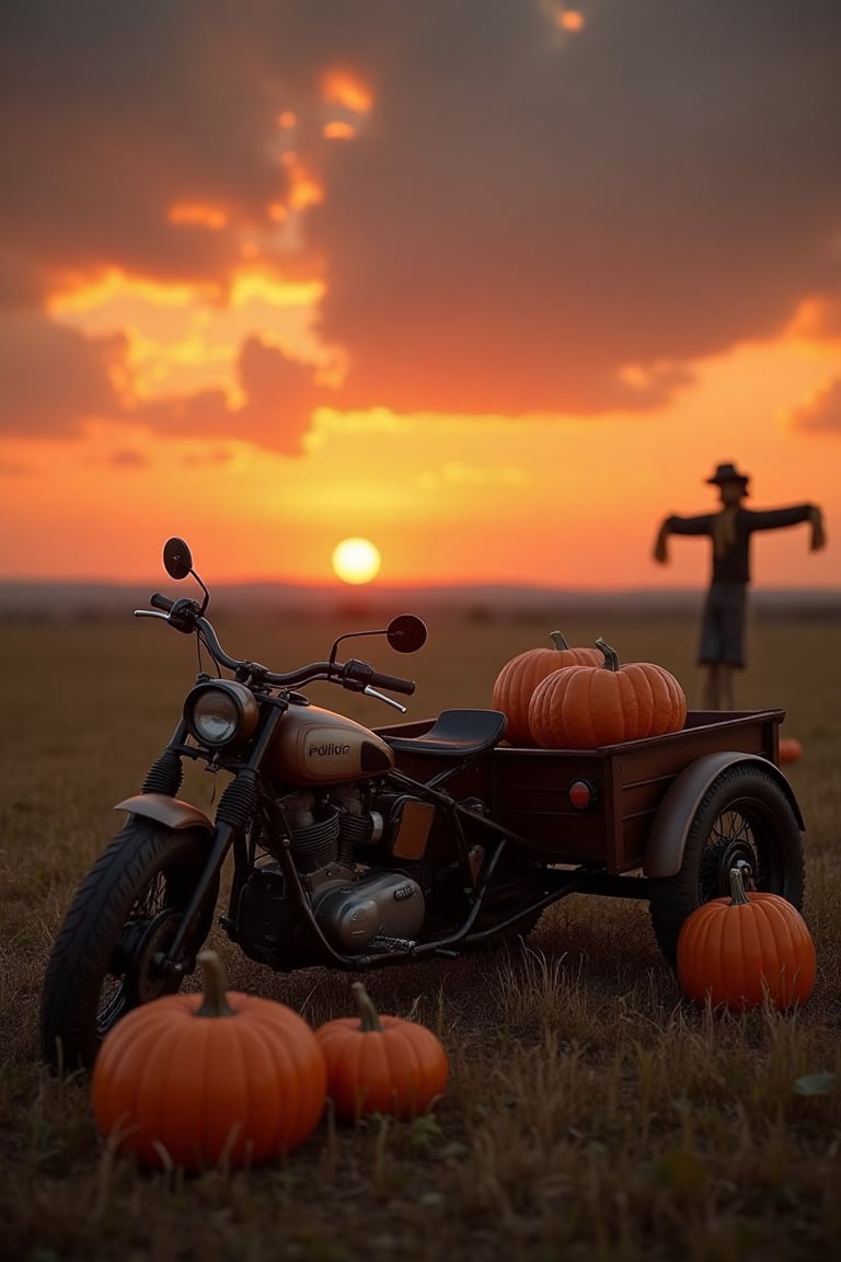 old brown motorbike with a side cart parked next to two big orange pumpkins, large field in the background with a scarecrow standing in the field while the autumn evening sun is setting and painting few clouds with vibrant orange colours, dark theme, moody, athmospheric, ultra realistic,