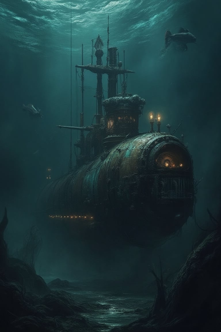 fancy steampunk submarine exploring the murky depths of a deep ocean, lighting up the lcean floor with searchlights, dark, steampunk, underwater, murky water, creepy fish, horror, Ambience Steampunk, Eldritch Monster Horror,