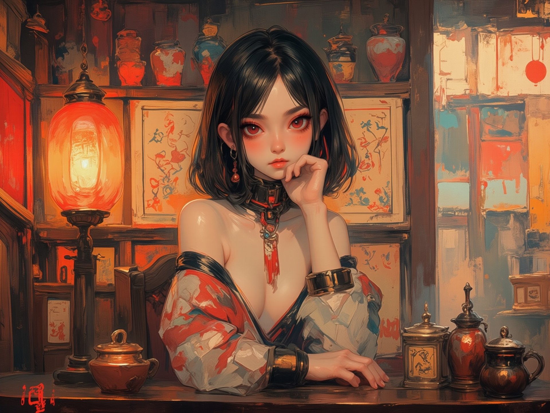 kawaiicolors, texture, fusion of Eastern classical style and modern illustration art, Japanese picture books. In a traditional Chinese tea house, a 10-year-old Chinese girl (loli, slanted eyes, black eyes), red eye shadow, low cut off-shoulder Chinese ancient costume (random color). She sits gracefully in a Chinese antique chair behind the counter, gazing lazily at viewer, Chinese Oil lamp, Chinese tea set, steam, daytime, sunlight through the window. close-up, depth of field, Chiaroscuro. astroflux_v101,Flat Anime Niji Style