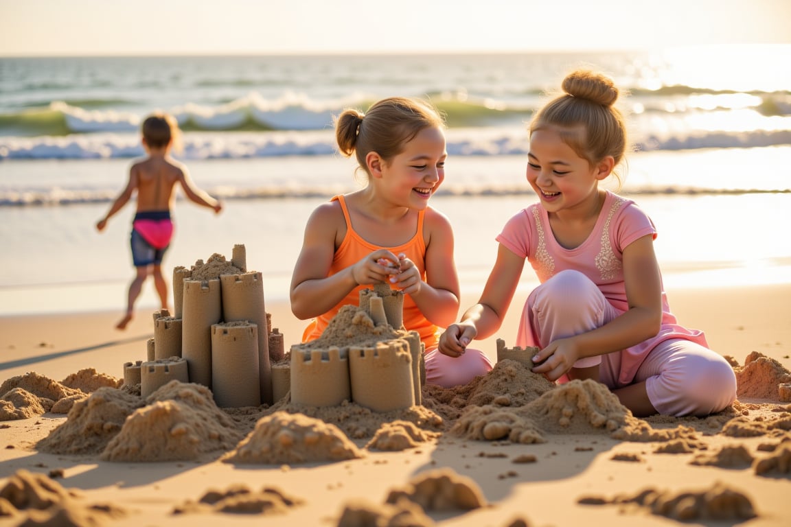 A warm, golden light illuminates a joyful scene: two beaming girls, ages six and nine, and their little brother, aged eight, constructing elaborate sandcastles together on a sun-kissed beach. The trio's laughter and excited chatter fill the air as they work in tandem, carefully crafting towers and moats amidst the gentle lapping of waves.