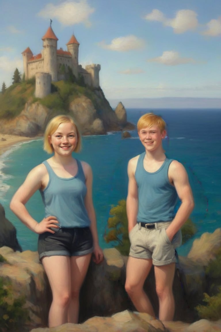 Full-body-length photograph of two 16-year-old beefcake boys, muscular blonde with pale freckled skin and short straight hair. teeshirt, shorts. Castle on a cliff with ocean in background.