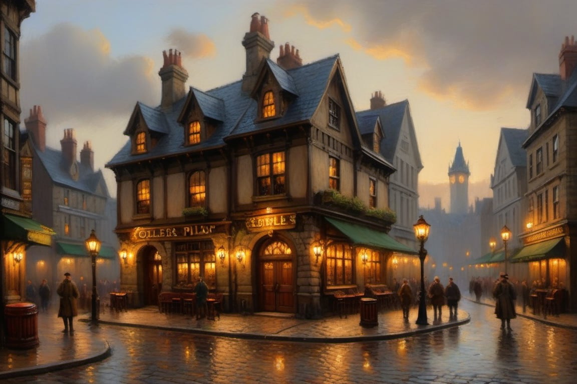 A charming stone pub stands proudly on the bustling street corner of a vibrant Steampunk city. The worn cobblestones glisten in the soft, golden light of lanterns, while the pub's rustic façade boasts intricately carved wooden signs and ornate metalwork details. Smoke drifts lazily from the chimney as patrons gather at the entrance, their steampunk attire gleaming in the flickering light.,oil painting