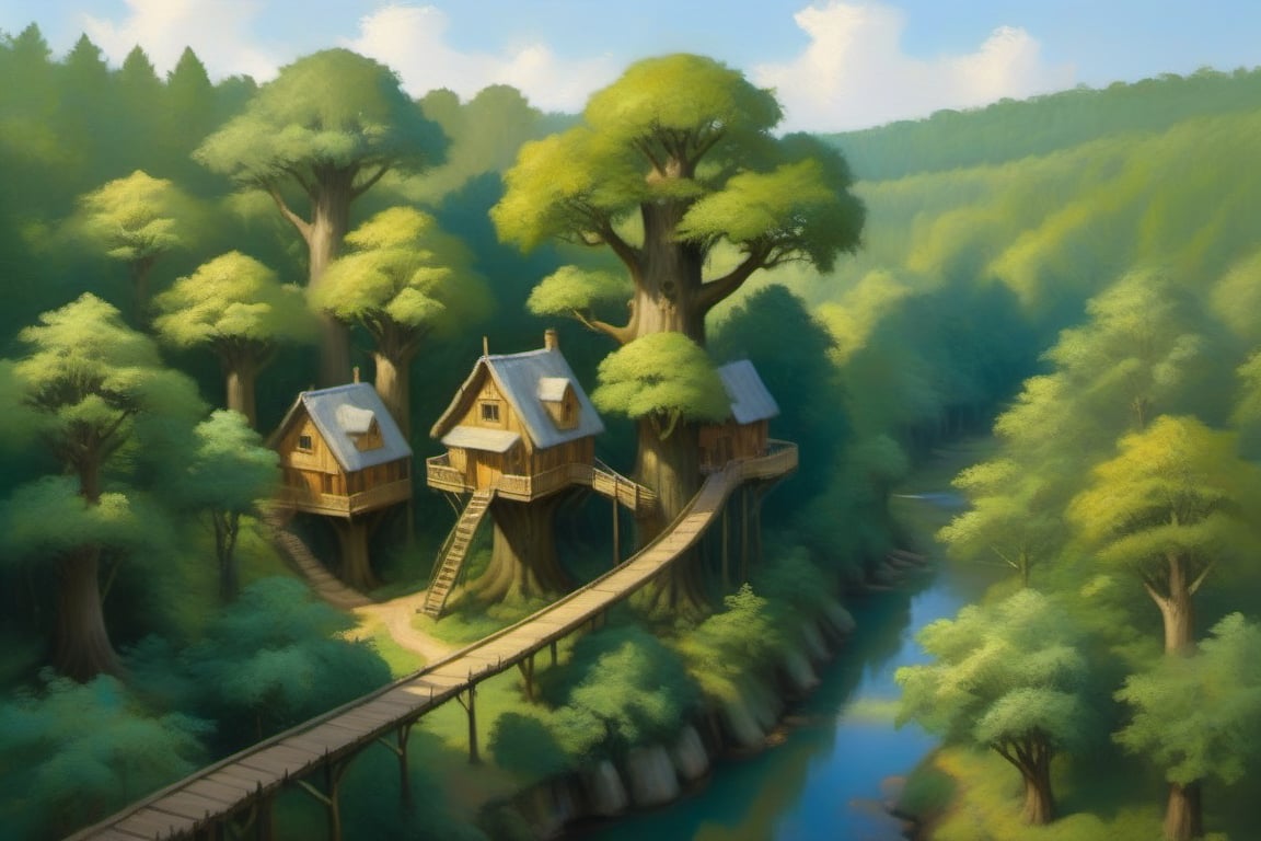 Oil painting. A majestic treehouse village comes into view, tiny treehoused nestled among the verdant canopy. aerial walkways weave between towering trees, forming a picturesque promenade. Soft morning light filters through leafy branches, casting dappled shadows on the forest floor.