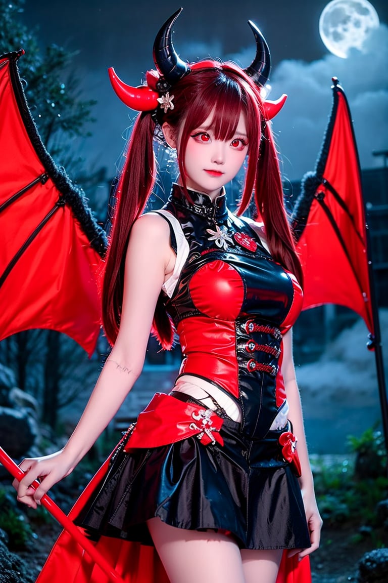 masterpiece, (best quality:1.2), [:intricate details:0.2], demon girl, skirt, (red eyes:1.3), demon horns, demon wings, demon tail, enchanting gaze, captivating pose, otherworldly charm, mystical sky, moonlit night, cloud,
