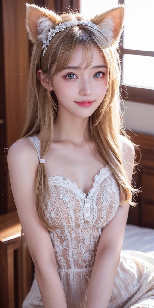 ((highest quality、Masterpiece、High resolution))、(((Zoom photo of upper body))、(A shy smile:1.2)、Light shines in、One 15-year-old female、Beautiful Skin、Beautiful Eyes、Cat ears headband、one piece、Blonde Hair