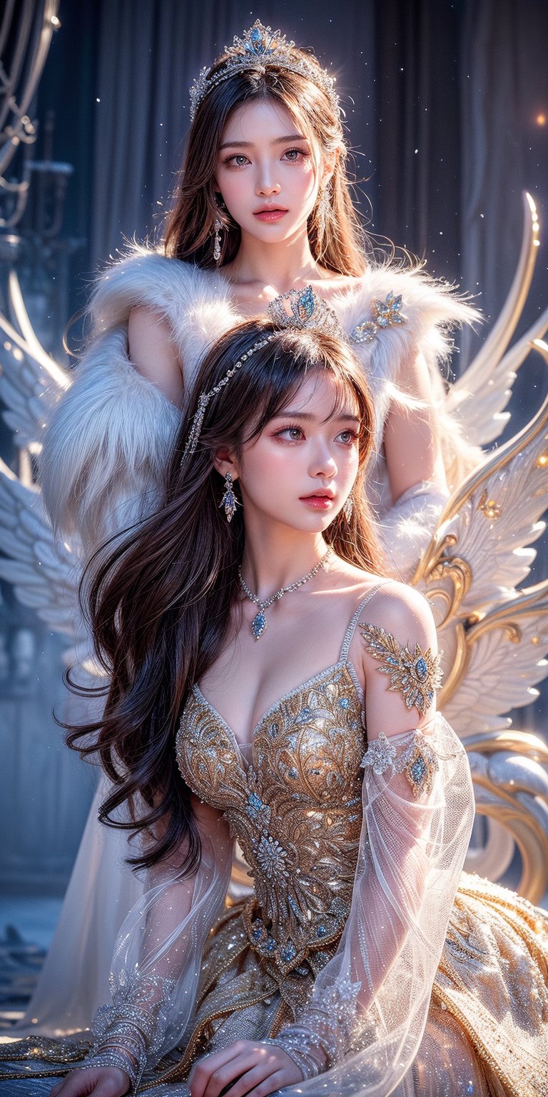 ((best quality)), ((masterpiece)), ((realistic)), ((18-year-old girl as a snow angel princess in a fantasy golden throne room, frozen, mystic fog, frost flowers)), In the grandeur of a throne room, an 18-year-old girl embodies the enchantment of a snow angel princess. Adorned with elegant earrings, intricate jewelry, and a tribal tattoo, she exudes a sense of regality and grace. Her flowing hair, infused with a radiant glow, cascades around her, accentuated by an ethereal ice hair ornament and a necklace fashioned from glistening ice. Her sharp eyes captivate with a blend of determination and wisdom. Draped in a dress of ice, she personifies the beauty and power of the frozen realm. The throne room, adorned with golden ornaments and surrounded by an icy atmosphere, emanates an otherworldly charm. Swirling fog and the cold permeate the air, creating an ambiance of mystique. A large watch prominently displays the passage of time, a symbol of her royal lineage. Paintings and lush plants add touches of color amidst the frozen surroundings, while water flows gracefully, mirroring the princess's elegance. Ice shards glimmer and sparkle, reflecting light and emitting delicate sparks, guided by the whims of the wind. The blurry background and bokeh lend a dreamlike quality to the scene, accentuated by gentle sidelight that casts a soft glow on her face. Against a light backdrop, the composition showcases the Tyndall Effect, infusing the air with a captivating vibrancy. The vibrant colors and meticulous attention to detail make this artwork a true cinematic masterpiece, capturing the majesty, beauty, and magic of the snow angel princess in her icy domain. (Haircut model by Wispy bangs, possed is Running pose, sharp dark brown,  shooting angle is Wide-angle view, time is Low-Key Lighting),