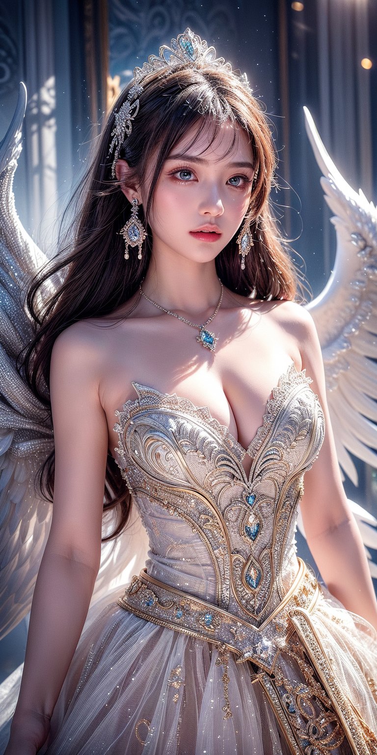 ((best quality)), ((masterpiece)), ((realistic)), ((18-year-old girl as a snow angel princess in a fantasy golden throne room, frozen, mystic fog, frost flowers)), In the grandeur of a throne room, an 18-year-old girl embodies the enchantment of a snow angel princess. Adorned with elegant earrings, intricate jewelry, and a tribal tattoo, she exudes a sense of regality and grace. Her flowing hair, infused with a radiant glow, cascades around her, accentuated by an ethereal ice hair ornament and a necklace fashioned from glistening ice. Her sharp eyes captivate with a blend of determination and wisdom. Draped in a dress of ice, she personifies the beauty and power of the frozen realm. The throne room, adorned with golden ornaments and surrounded by an icy atmosphere, emanates an otherworldly charm. Swirling fog and the cold permeate the air, creating an ambiance of mystique. A large watch prominently displays the passage of time, a symbol of her royal lineage. Paintings and lush plants add touches of color amidst the frozen surroundings, while water flows gracefully, mirroring the princess's elegance. Ice shards glimmer and sparkle, reflecting light and emitting delicate sparks, guided by the whims of the wind. The blurry background and bokeh lend a dreamlike quality to the scene, accentuated by gentle sidelight that casts a soft glow on her face. Against a light backdrop, the composition showcases the Tyndall Effect, infusing the air with a captivating vibrancy. The vibrant colors and meticulous attention to detail make this artwork a true cinematic masterpiece, capturing the majesty, beauty, and magic of the snow angel princess in her icy domain. (Haircut model by Wispy bangs, possed is Running pose, sharp dark brown,  shooting angle is Wide-angle view, time is Low-Key Lighting),