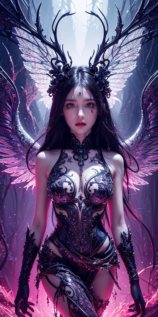 Horror-themed Abstract style, otherworldly being with luminous ethereal wings, radiating an aura of tranquility and grace, body adorned with intricate patterns and delicate lines, evoking a sense of harmony amidst chaos, high detail, award winning masterpiece with incredible details, non-representational, colors and shapes, expression of feelings, imaginative, highly detailed, eerie, unsettling, dark, spooky, suspenseful, grim, highly detailed, 