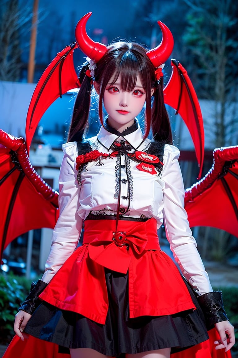 masterpiece, (best quality:1.2), [:intricate details:0.2], demon girl, skirt, (red eyes:1.3), demon horns, demon wings, demon tail, enchanting gaze, captivating pose, otherworldly charm, mystical sky, moonlit night, cloud,
