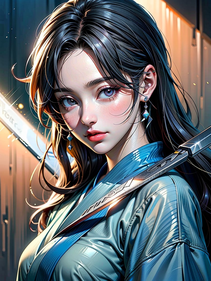 (8k, best quality, masterpiece:1.2),(realistic, photo-realistic:1.37),ultra-detailed,((score_9), score_8_up, score_7_up), high quality, high resolution, high precision, solo, One woman, looking at viewer, ((have Long sword,Japanese sword,Blue Flame,Reflection of light)), Close-up Background, samurai,Focus,she has the dignity of a general.,overwhelm,ambition,Mizuki_Lin,Hold the sword in front of eyes with both hands,