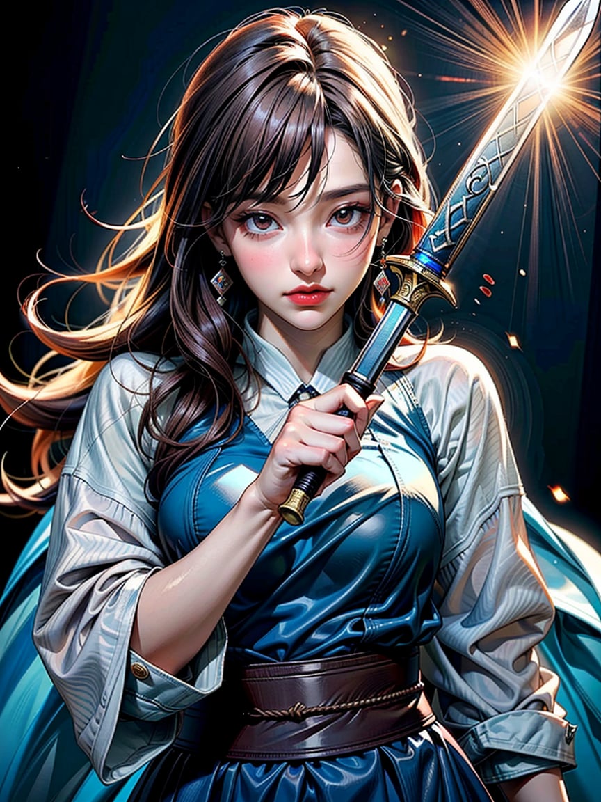 (8k, best quality, masterpiece:1.2),(realistic, photo-realistic:1.37),ultra-detailed,((score_9), score_8_up, score_7_up), high quality, high resolution, high precision, solo, One woman, looking at viewer, ((have Long sword, Blue Flame,Reflection of light)), Close-up Background, samurai,Focus,she has the dignity of a general.,overwhelm,ambition,Mizuki_Lin,Hold the sword in front of eyes with both hands,