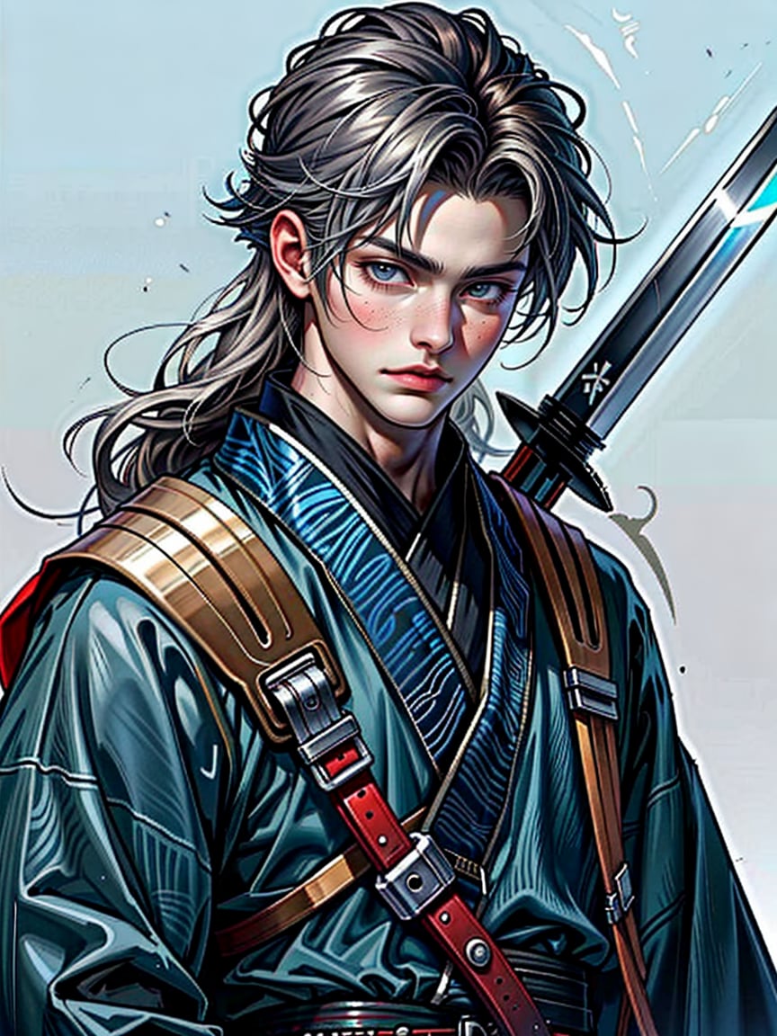 8k, best quality, masterpiece:1.2),(realistic, photo-realistic:1.37),ultra-detailed,((score_9), score_8_up, score_7_up), high quality, high resolution, high precision, solo, One male, looking at viewer, ((have Long sword,Japanese sword,Blue Flame,Reflection of light)), Close-up Background, samurai,Focus,she has the dignity of a general.,overwhelm,ambition,Mizuki_Lin,Hold the sword in front of eyes with both hands,