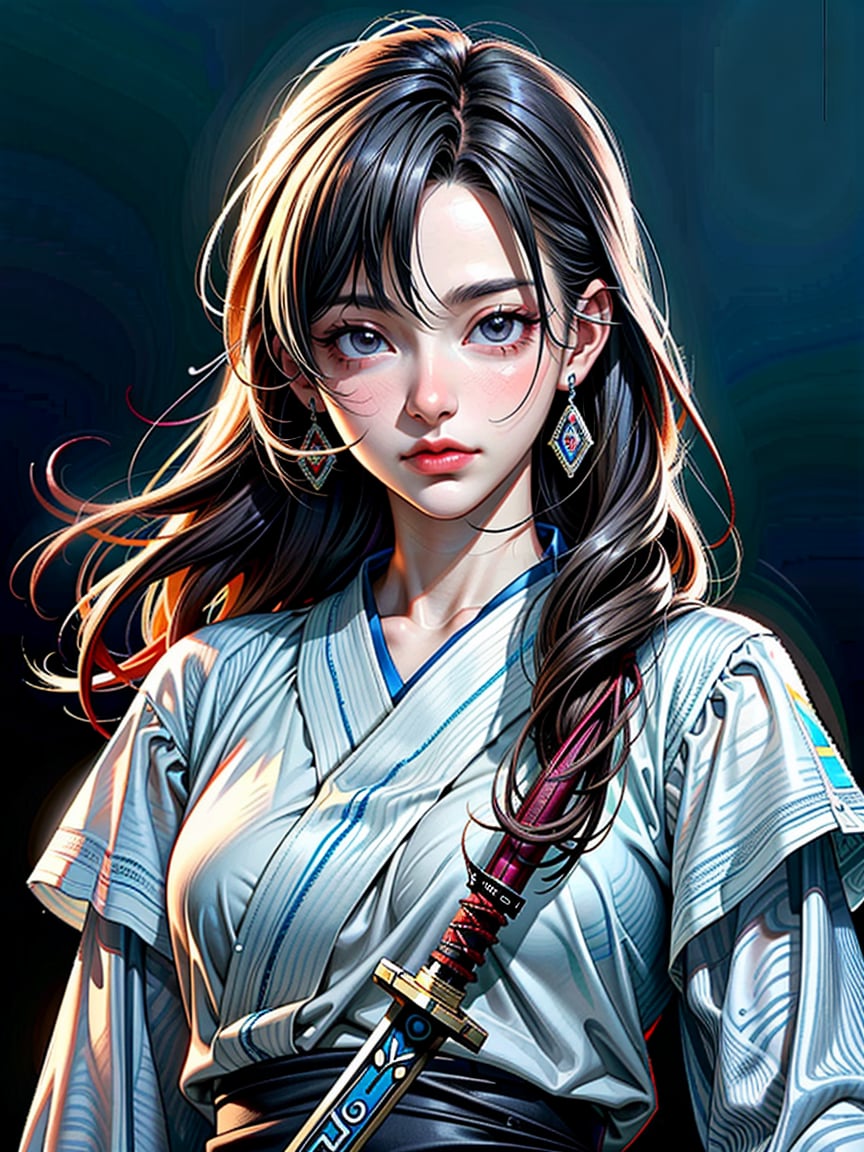 8k, best quality, masterpiece:1.2),(realistic, photo-realistic:1.37),ultra-detailed,((score_9), score_8_up, score_7_up), high quality, high resolution, high precision, solo, One woman, looking at viewer, ((have Long sword,Japanese sword,Blue Flame,Reflection of light)), Close-up Background, samurai,Focus,she has the dignity of a general.,overwhelm,ambition,Mizuki_Lin,Hold the sword in front of eyes with both hands,