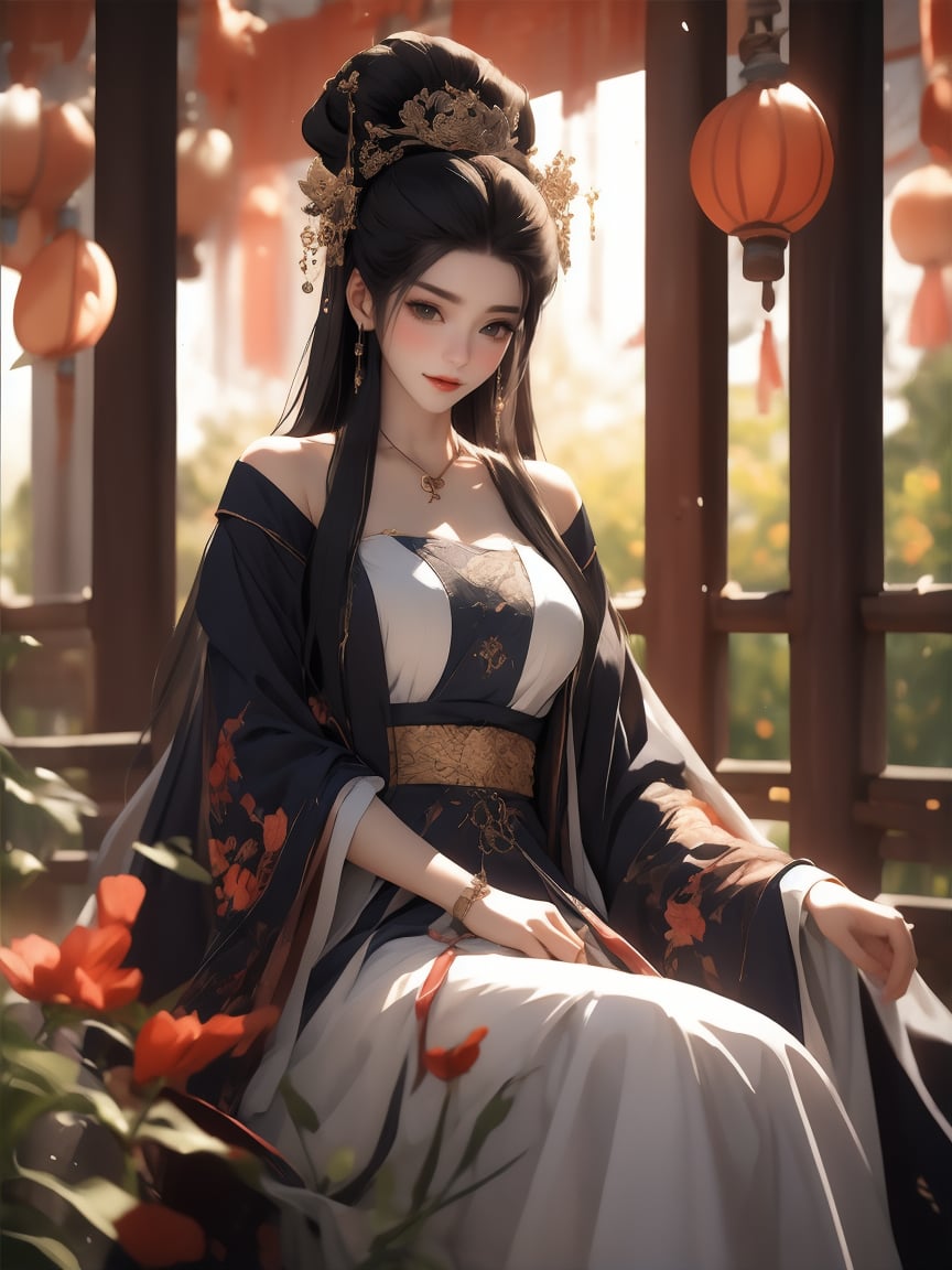 A serene lakeside setting bathed in soft golden light, with lush greenery and vibrant flowers surrounding the stunning Chinese woman. She sits serenely, raven-black hair cascading like a waterfall, adorned with delicate ornaments that catch the gentle glow. Her hanfu, accentuated by a diagonal belt, subtly highlights her figure. Hand cradling a lady's fan, she gazes at the flowers, a warm smile playing on her lips.