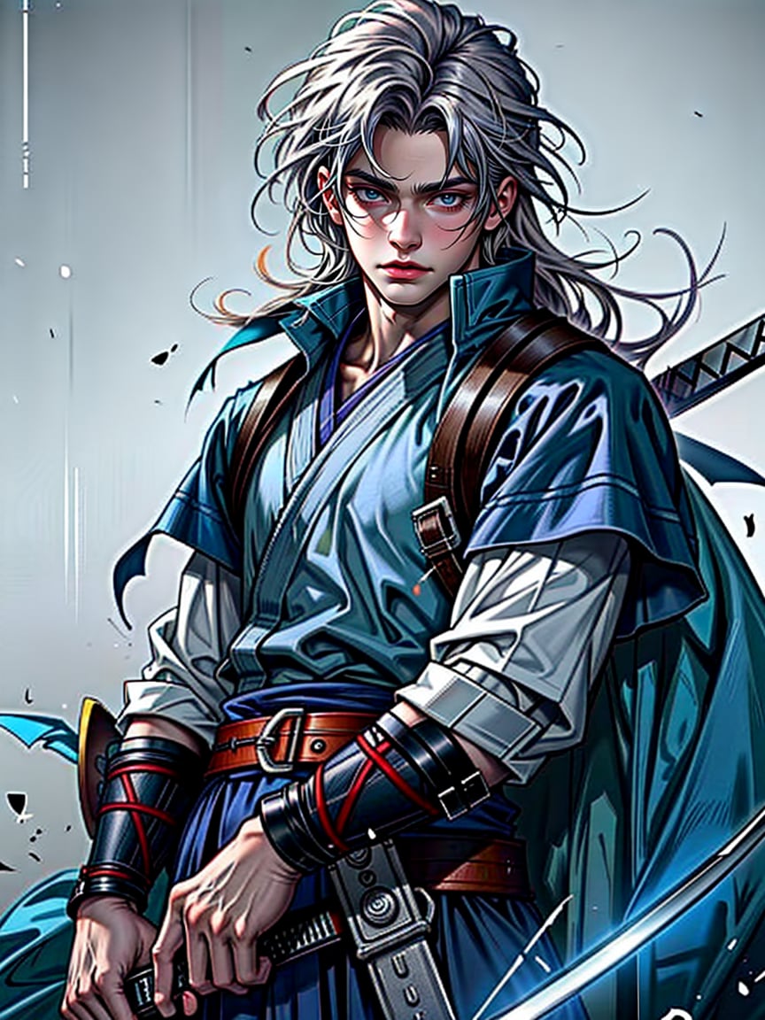 8k, best quality, masterpiece:1.2),(realistic, photo-realistic:1.37),ultra-detailed,((score_9), score_8_up, score_7_up), high quality, high resolution, high precision, solo, One male, looking at viewer, ((have Long sword,Japanese sword,Blue Flame,Reflection of light)), Close-up Background, samurai,Focus,she has the dignity of a general.,overwhelm,ambition,Mizuki_Lin,Hold the sword in front of eyes with both hands,