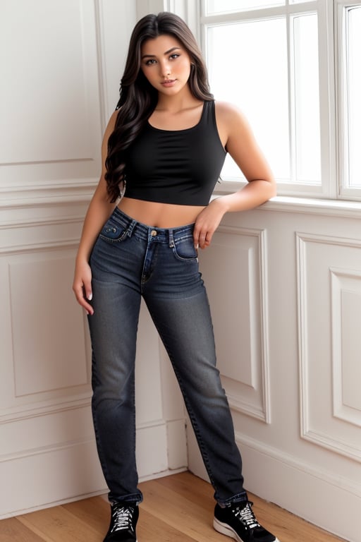 Beautiful , athletic , 23 year old women , long Balck hair , dark brown eyes , wearing a top & jeans.