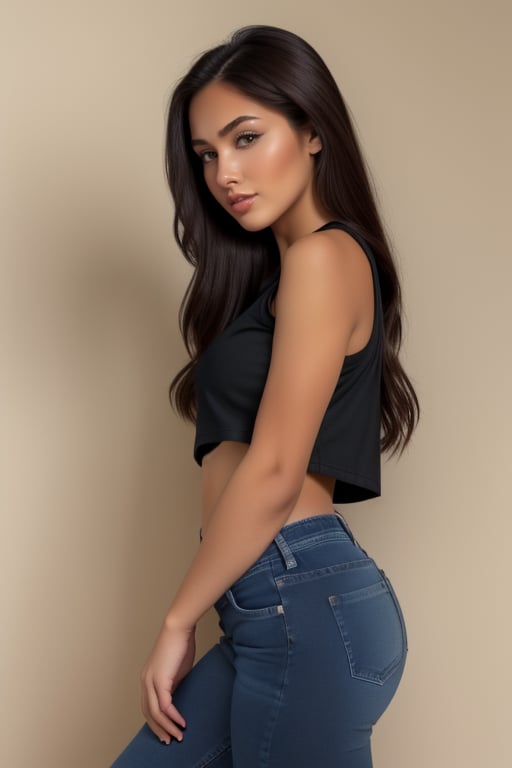 Beautiful , athletic , 23 year old women , long Balck hair , dark brown eyes , wearing a top & jeans.right side view.