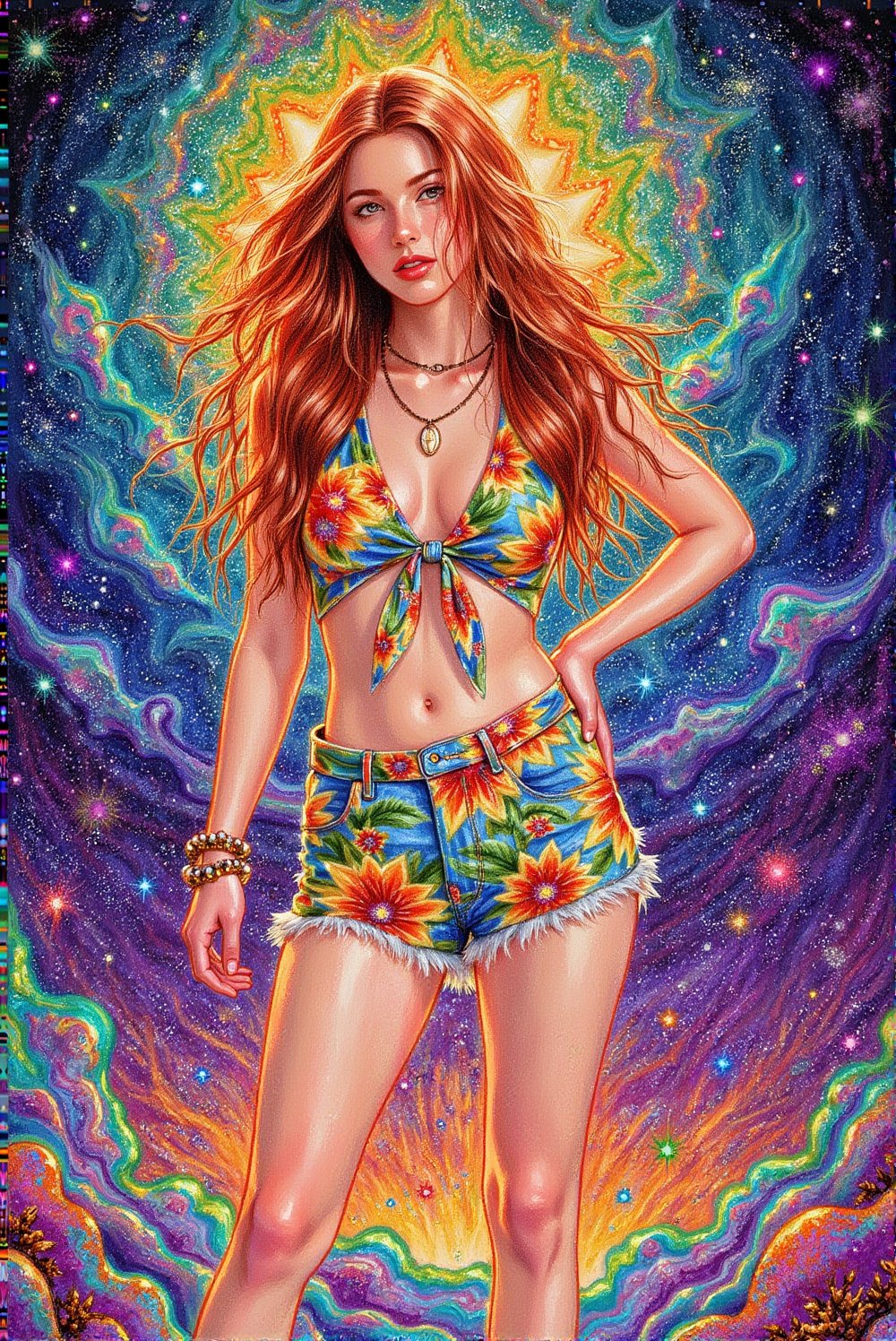 A stunning, vibrant alcohol ink full body portrait of a barefoot young woman with long auburn hair, dressed in an eye-catching ensemble. She wears a sleeveless tie-front crop top with a bold floral print and high-waisted shorts. She is wearing a shell necklace and an anklet on one leg. Her long, flowing dark hair cascades down her shoulders, framing her face as she exudes confidence, standing with one hand on her hip, her feet on a psychedelic base.  The background is a mesmerizing, psychedelic galaxy of swirling starlight, featuring mandelbrot fractals and an array of colorful patterns, capturing the essence of freedom, creativity, and self-expression of the era.