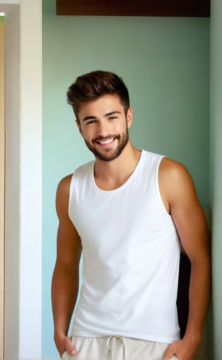 ((A zoomed_out)), full_body capture of Realistic, sexy (Handsome hot young man:1.5)of 26yo standing in a bedroom. 
He wore sleeveless loose tshirt of white colour. (He wore a white colour shorts). Erect under clothes
Lift arms
Hands up, stretched both arms upward
Showing underarm hairs
Angular face, hairy underarms,  sideswept hairstyle, short hairs, no_sleeves, trimmed beard  ,little beard 
Smiles, vest, undershirt