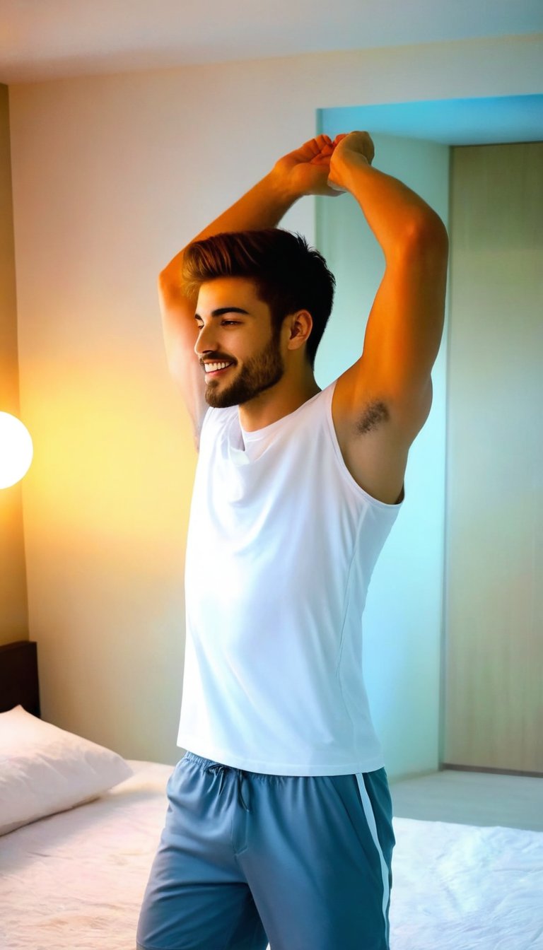 ((A zoomed_out)), full_body capture of Realistic, sexy (Handsome hot young man:1.5)of 26yo standing in a bedroom. 
He wore sleeveless loose tshirt of white colour. (He wore a white colour shorts). Erect under clothes
Lift arms
Hands up, stretched both arms upward
Showing underarm hairs
Angular face, hairy underarms,  sideswept hairstyle, short hairs, no_sleeves, trimmed beard  ,little beard 
Smiles, vest, undershirt