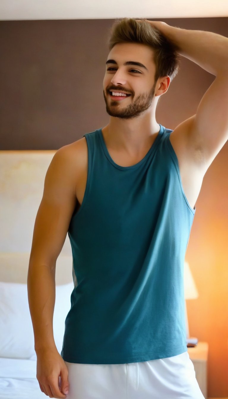 ((A zoomed_out)), full_body capture of Realistic, sexy (Handsome hot young man:1.5)of 26yo standing in a bedroom. 
He wore sleeveless loose tshirt of white colour. (He wore a white colour shorts). Erect under clothes
Lift arms
Hands up, stretched both arms upward
Showing underarm hairs
Angular face, hairy underarms,  sideswept hairstyle, short hairs, no_sleeves, trimmed beard  ,little beard 
Smiles, vest, undershirt