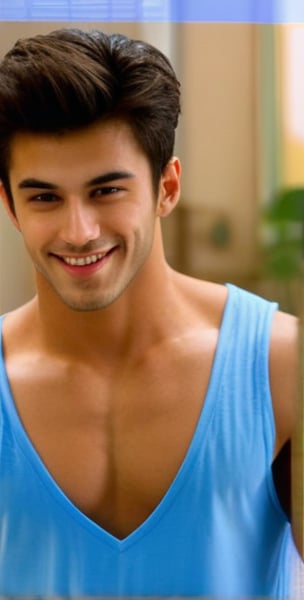 ((A zoomed_out)), full_body capture of Realistic, sexy (Handsome hot young man:1.5)of 26yo standing in a bedroom. 
He wore sleeveless loose tshirt of white colour. (He wore a blue colour brief). His is sleeveless vest is wet. Erect under clothes
Raised arms
Showing underarm hairs
Angular face, hairy underarms,  sideswept hairstyle, no_sleeves, trimmed beard  ,little beard 
Smiles, vest, undershirt