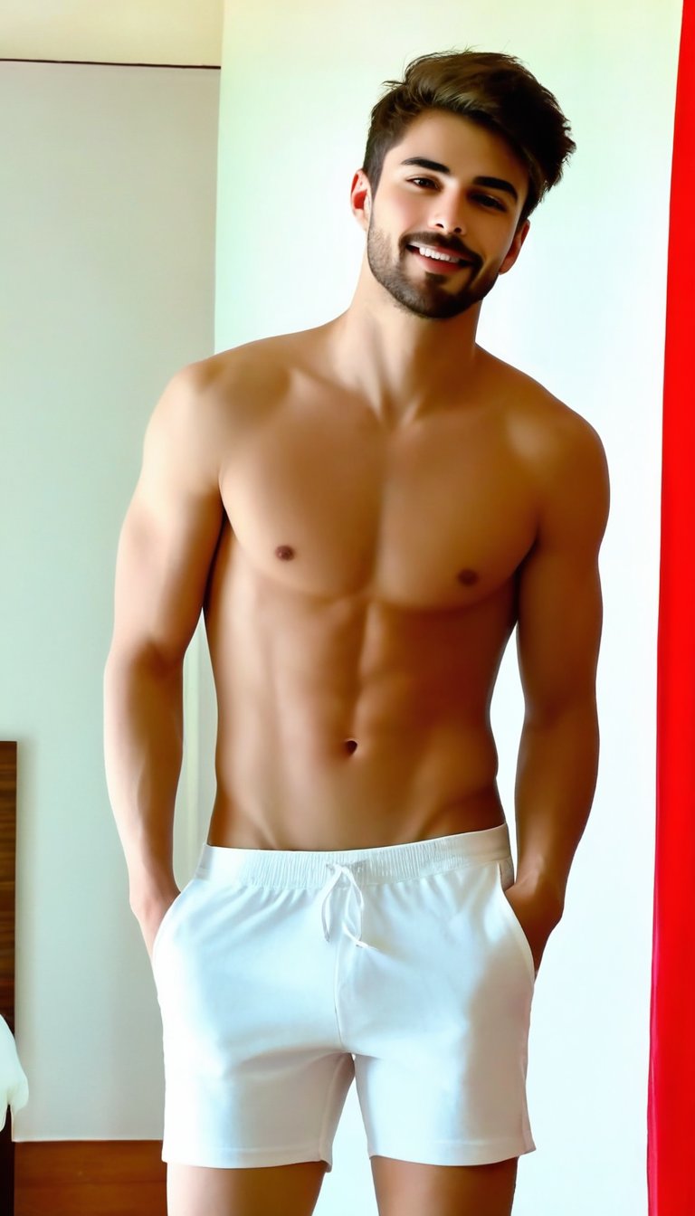 ((A zoomed_out)), full_body capture of Realistic, sexy (Handsome hot young man:1.5)of 26yo standing in a bedroom. 
He wore sleeveless loose tshirt of white colour. (He wore a white colour shorts). Erect under clothes
Lift arms
Hands up, stretched both arms upward
Showing underarm hairs
Angular face, hairy underarms,  sideswept hairstyle, short hairs, no_sleeves, trimmed beard  ,little beard 
Smiles, vest, undershirt