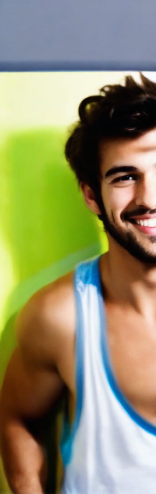 ((A zoomed_out)), full_body capture of Realistic, sexy (Handsome hot young man:1.5)of 26yo standing in a bedroom. 
He wore sleeveless loose tshirt of white colour. (He wore a blue colour brief). His is sleeveless vest is wet. Erect under clothes
Raised arms
Showing underarm hairs
Angular face, hairy underarms,  sideswept hairstyle, no_sleeves, trimmed beard  ,little beard 
Smiles, vest, undershirt