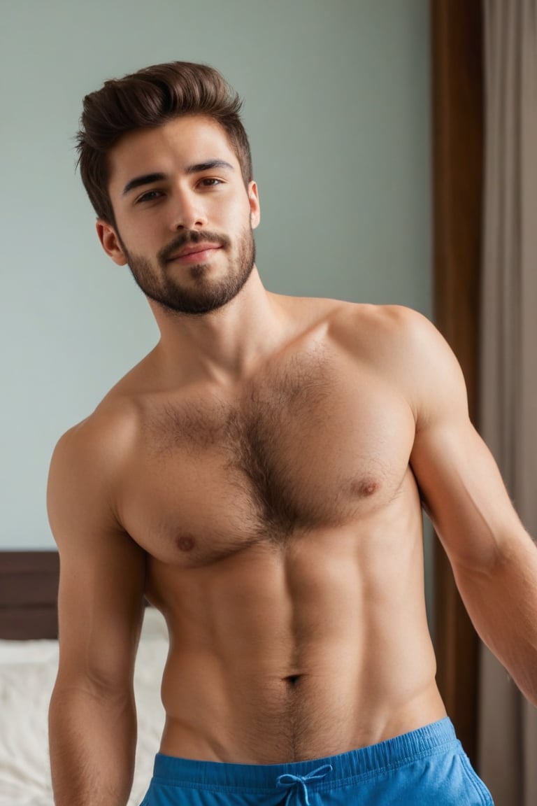 ((A zoomed_out)), full_body capture of Realistic, sexy (Handsome hot young man:1.5)of 26yo standing in a bedroom. 
He wore sleeveless loose tshirt of white colour. (He wore a blue colour brief). His is sleeveless vest is wet. Erect under clothes
Raised arms
Showing underarm hairs
Angular face, hairy underarms,  sideswept hairstyle, no_sleeves, trimmed beard  ,little beard 

