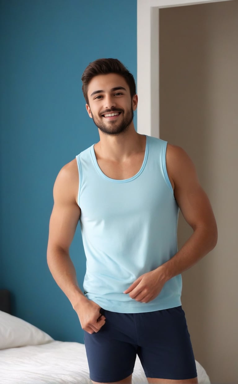 ((A zoomed_out)), full_body capture of Realistic, sexy (Handsome hot young man:1.5)of 26yo standing in a bedroom. 
He wore sleeveless loose tshirt of white colour. (He wore a blue colour brief). His is sleeveless vest is wet. Erect under clothes
Raised arms
Showing underarm hairs
Angular face, hairy underarms,  sideswept hairstyle, short hairs, no_sleeves, trimmed beard  ,little beard 
Smiles, vest, undershirt