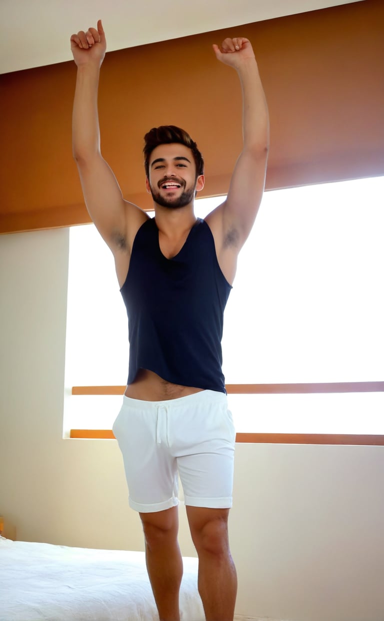 ((A zoomed_out)), full_body capture of Realistic, sexy (Handsome hot young man:1.5)of 26yo standing in a bedroom. 
He wore sleeveless loose tshirt of white colour. (He wore a white colour shorts). His is sleeveless vest is wet. Erect under clothes
Lift arms
Hands up, stretched both arms upward
Showing underarm hairs
Angular face, hairy underarms,  sideswept hairstyle, short hairs, no_sleeves, trimmed beard  ,little beard 
Smiles, vest, undershirt