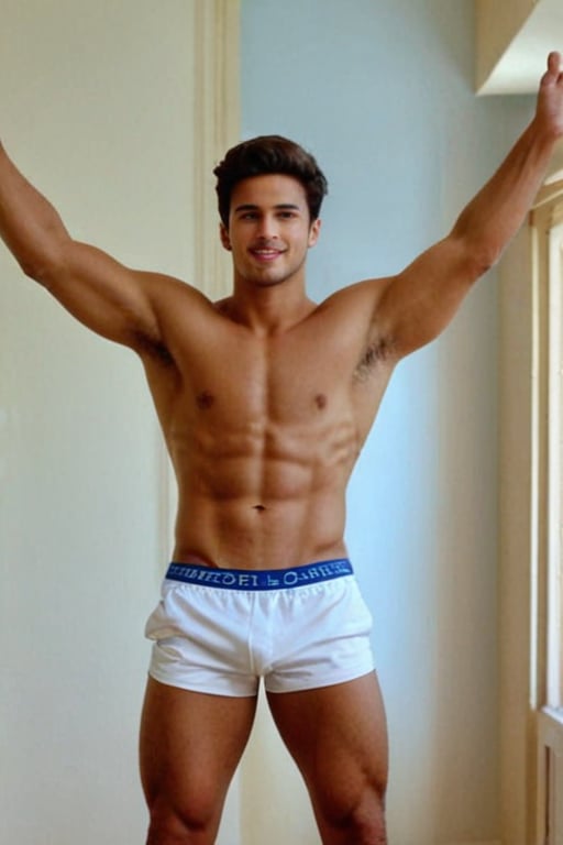 ((A zoomed_out)), full_body capture of Realistic, sexy (Handsome hot young man:1.5)of 26yo standing in a bedroom. 
He wore sleeveless loose tshirt of white colour. (He wore a blue colour brief). His is sleeveless vest is wet. Erect under clothes
Raised arms
Showing underarm hairs

