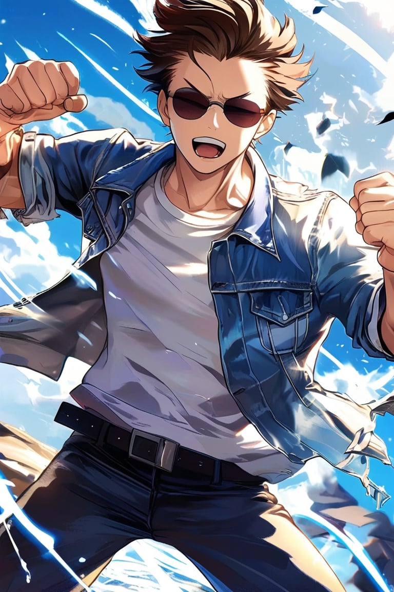 1 male, single, fighting, dueling, roaring. , sunny and handsome, with wheat-colored skin, bright eyes, and short chestnut hair. , light blue denim jacket, white T-shirt, dark blue jeans, white sneakers, black sunglasses. , gorgeous background, looking at viewer, blurred, eyelashes. , good quality, light particles, no water droplets. , anime art style. , ((Masterpiece: 2)), ((Amazing Images: 1.5)).