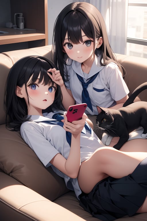 2girl,  lying, couch, cellphone, holding mobile phone,school uniform,cat,holding cat