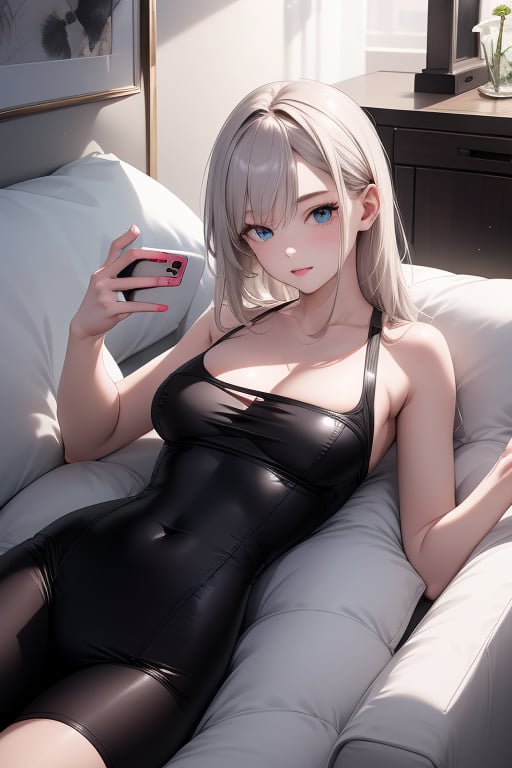 1girl,  lying, couch, cellphone, holding mobile phone