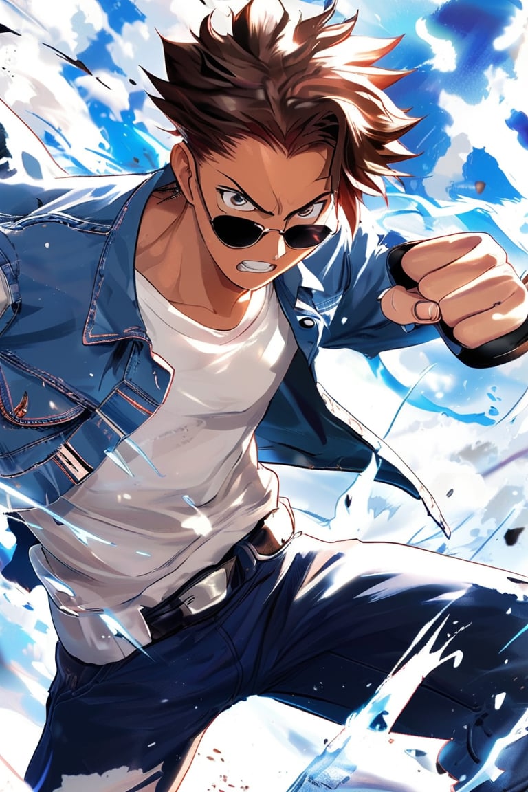 1 male, single, fighting, dueling, roaring. , sunny and handsome, with wheat-colored skin, bright eyes, and short chestnut hair. , light blue denim jacket, white T-shirt, dark blue jeans, white sneakers, black sunglasses. , gorgeous background, looking at viewer, blurred, eyelashes. , good quality, light particles, no water droplets. , anime art style. , ((Masterpiece: 2)), ((Amazing Images: 1.5)).