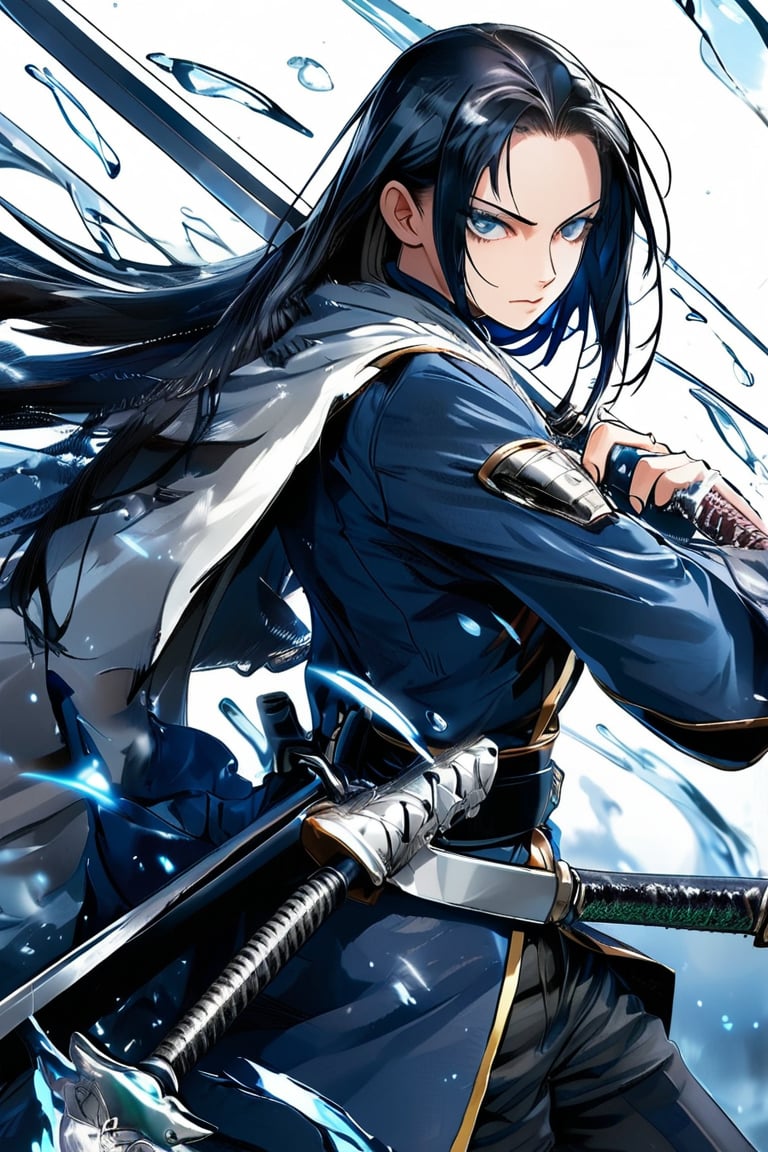 1girl, solo, cold face, jade-like skin, cold eyes, long black hair reaching waist. Dark blue swordsman uniform, black belt, hanging sword, silver wrist guards, and black boots. ,looking at the viewer,blurred,eyelashes,((masterpiece: 2)),good quality,light particles,water droplets,((stunning_image: 1.5)),anime art style.