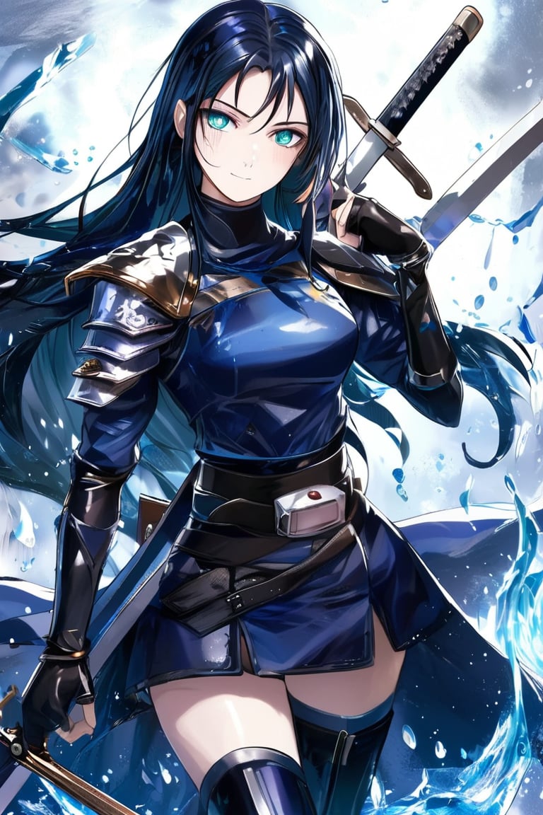 1girl, solo, cold face, jade-like skin, cold eyes, long black hair reaching waist. Dark blue swordsman uniform, black belt, hanging sword, silver wrist guards, and black boots. ,looking at the viewer,blurred,eyelashes,((masterpiece: 2)),good quality,light particles,water droplets,((stunning_image: 1.5)),anime art style.