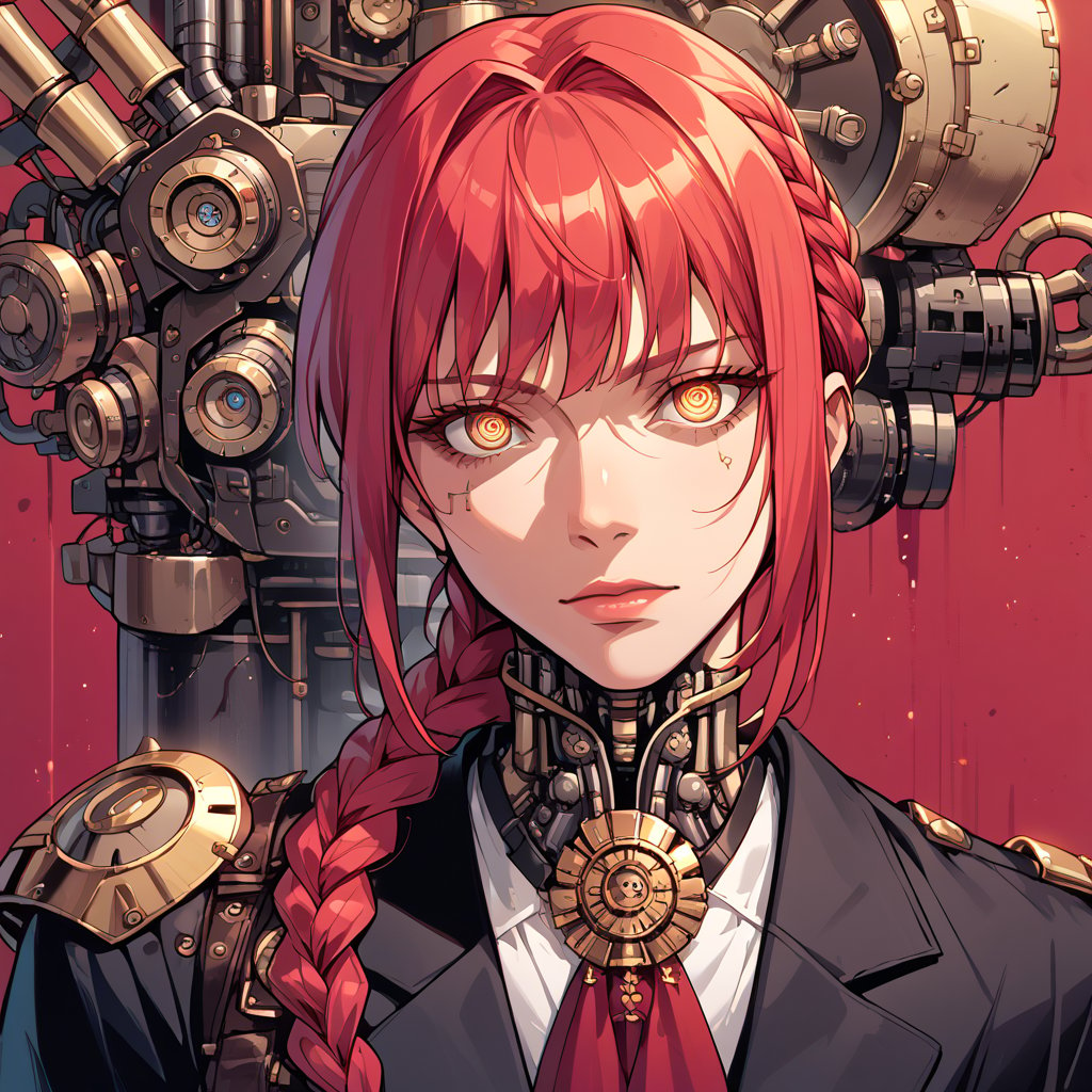 makima, braided ponytail, ringed eyes,formal, (), steampunk,,score_9,score_8_up,score_7_up,score_6_up,score_5_up,score_4_up,source_anime,BREAK,androidcyborg, solo girl,,arm0rpunkv4