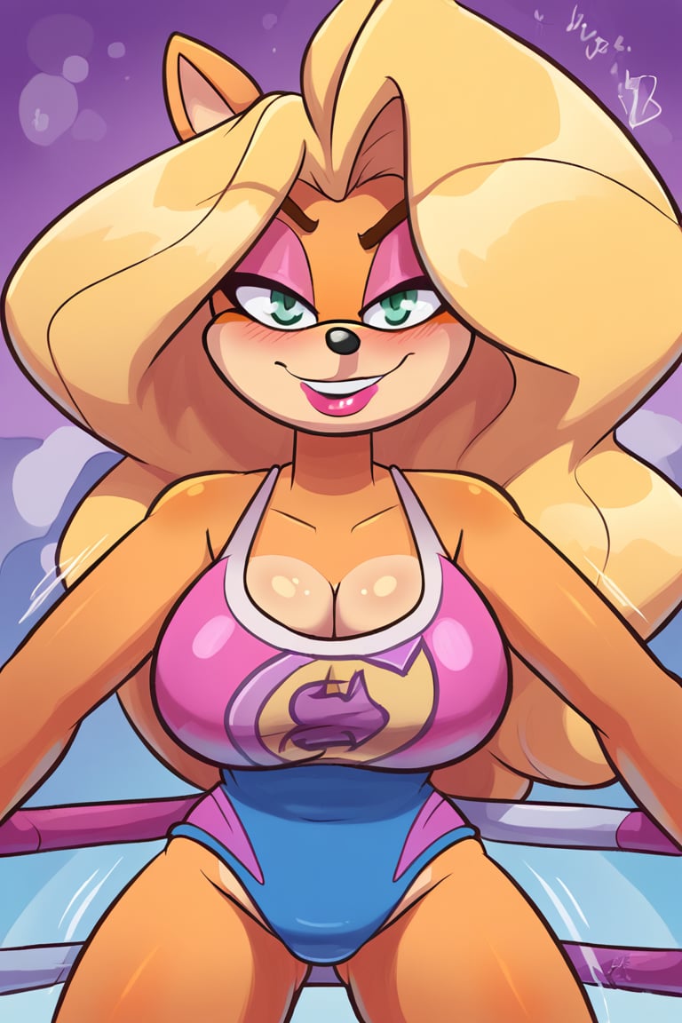 Close-up shot of Solo Tawna Bandicoot stepping into the wrestling ring, her bright blue and hot pink wrestling attire glistening under the spotlights. She flashes a confident smile at the cheering audience, her whiskers twitching with excitement.