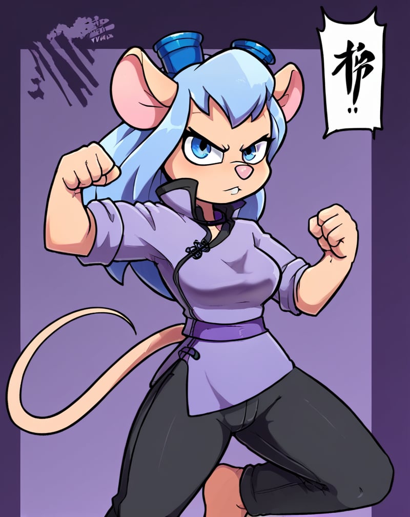 Solo, Furry female, mouse, Gadget Hackwrench beams at the camera, chinese clothes, light blue tangzhuang, black pants, epic kung fu pose,