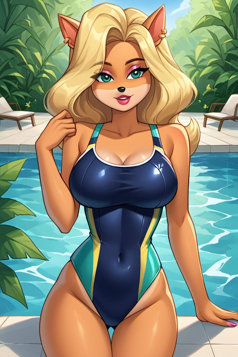 A close-up shot of Tawna Bandicoot's alluring physique, showcasing her prominent bust as she effortlessly glides through the crystal-clear water of the swimming pool. The soft pink hue of her one-piece swimsuit complements her radiant skin tone, while the surrounding pool's tranquility and lush greenery create a serene atmosphere.