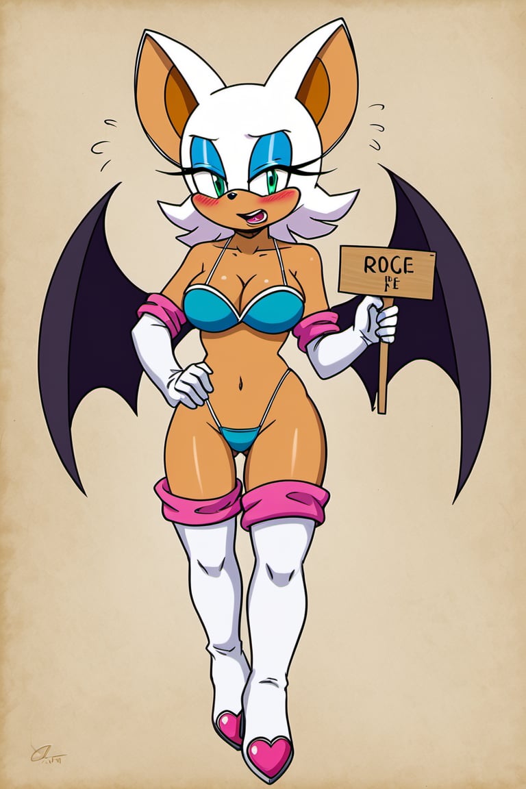 Rouge the Bat from sonic the hedgehog series, rouge has lost a bet so she has to wear a very small blue bikini, holding a sign that says be ready for the game, looks embarrassed.