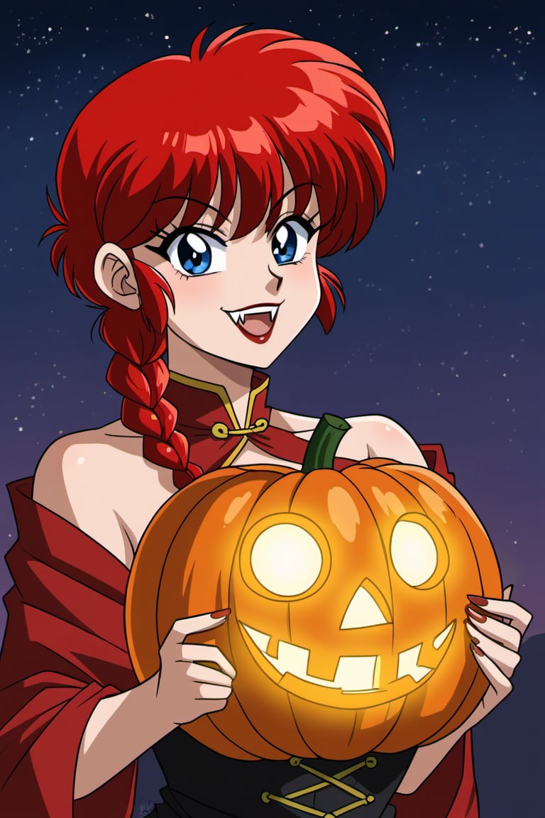 A sultry solo shot of Ranma-chan, posing confidently in a ravishing red-haired, single-braided vampire queen costume under the starry night sky on All Hallows' Eve. Her piercing blue eyes sparkle with mischievous delight as she bares her fangs and flashes a flirtatious smile, showcasing her generous bust. The soft glow of jack-o'-lanterns and twinkling lanterns casts an eerie ambiance, highlighting Ranma-chan's alluring features in a warm, golden light.