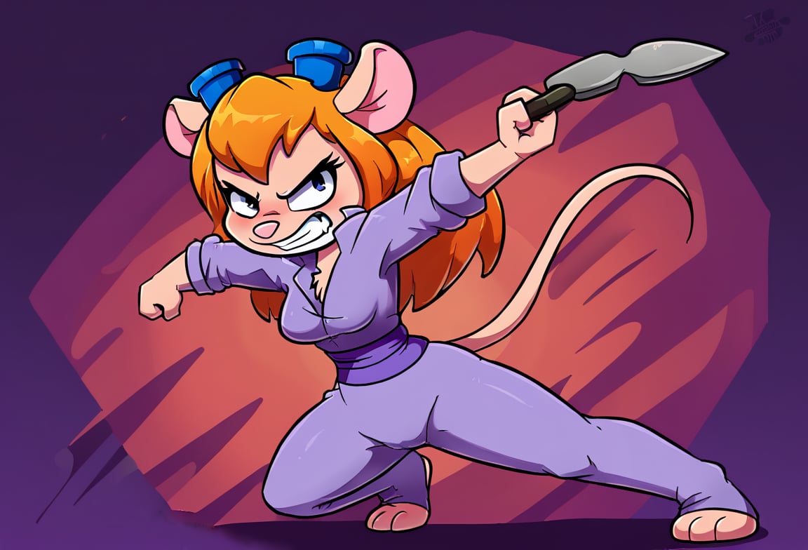 Furry, girl, Gadget Hackwrench, solo. rodent, kung fu pose, wearing a red colour top, dark blue colour kung fu trousers outfit. Ready to fight bad guys. Streets background.